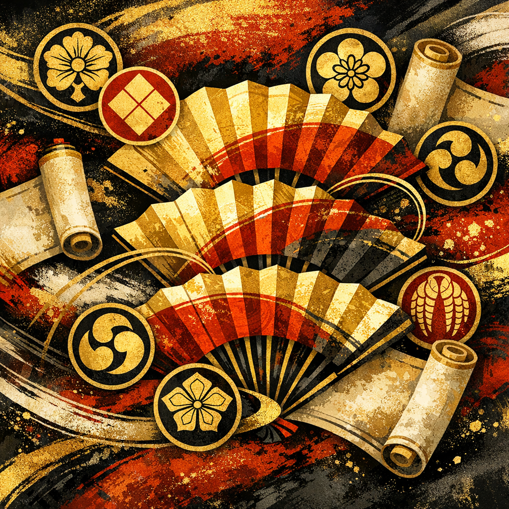 歌舞伎の家紋と巻物をイメージしたイラスト