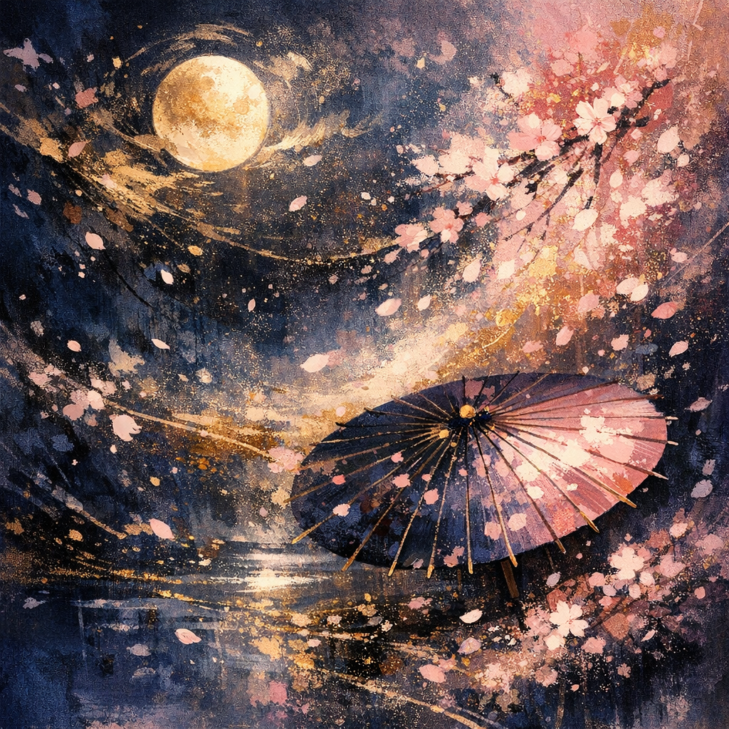 月夜と和傘をイメージした抽象アート