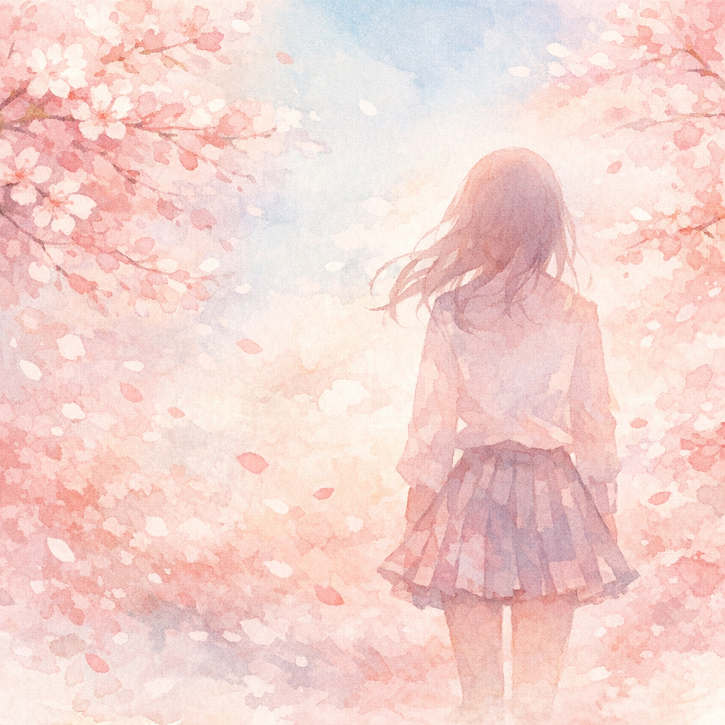 桜と若手女優のシルエットイラスト