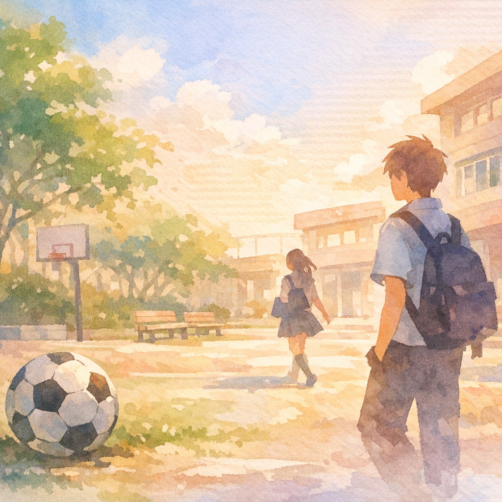 学校とサッカーボールのイラスト