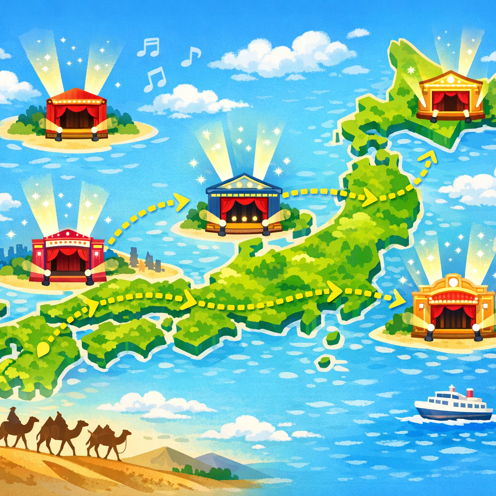 日本各地の劇場を巡るツアーをイメージしたイラスト