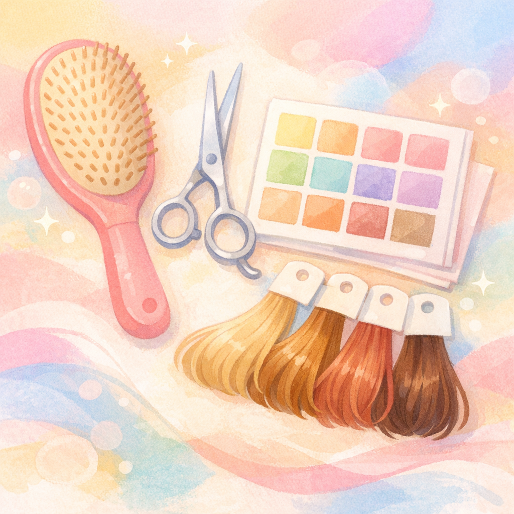 ヘアカラーとサロン道具の抽象イラスト